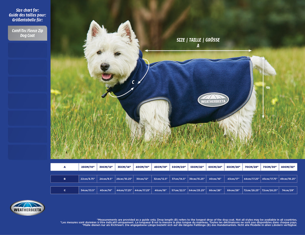 Weatherbeeta Comfitec Fleece Zip Dog Coat Size Guide | Online for Canine