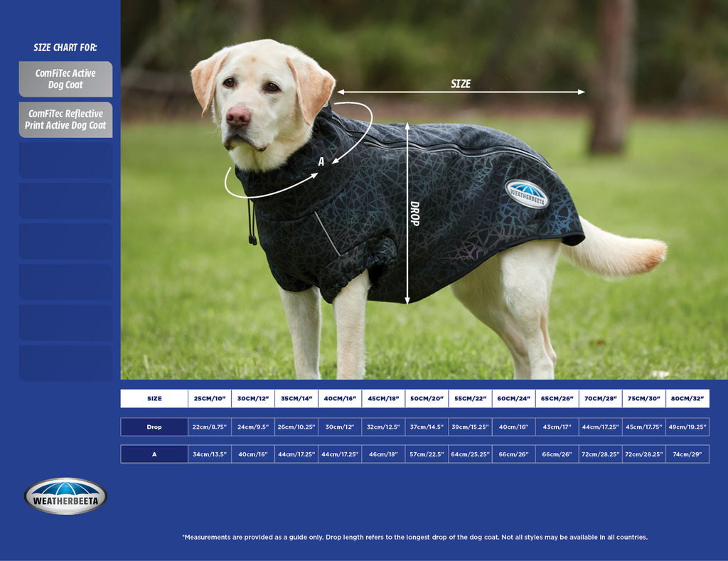 Weatherbeeta Comfitec Reflective Print Active Black/Reflective Rainbow Dog Coat Size Guide | Online for Canine

